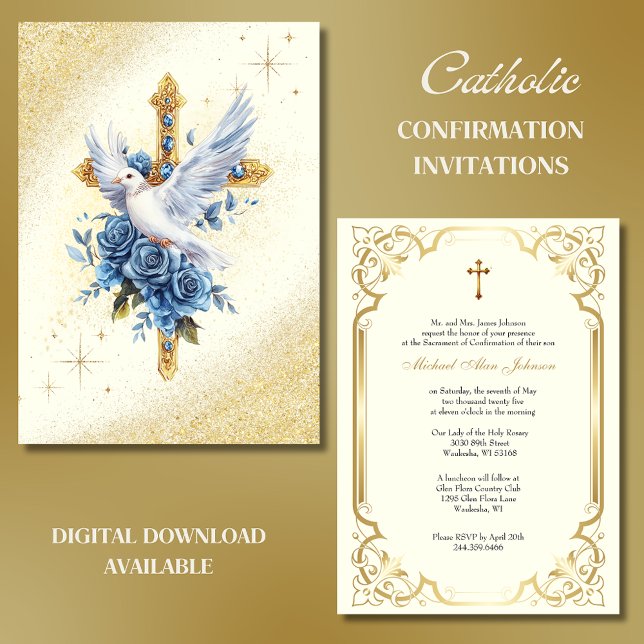 Invitación Elegante bautismo de Rosas dorados con palo azul (Subido por el creador)