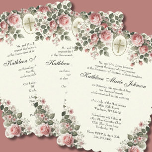 Invitación Elegante bautismo de rosas rosadas florales católi