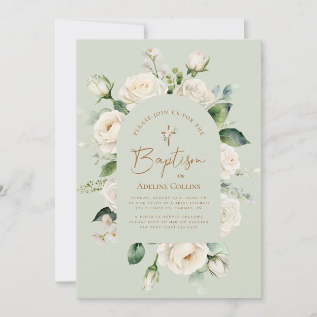 Invitación Elegante bautismo de sabios de edad blanca floral (Anverso)