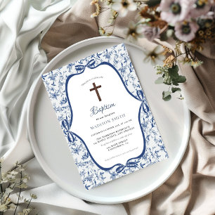 Invitación Elegante bautismo de tela azul de jouy