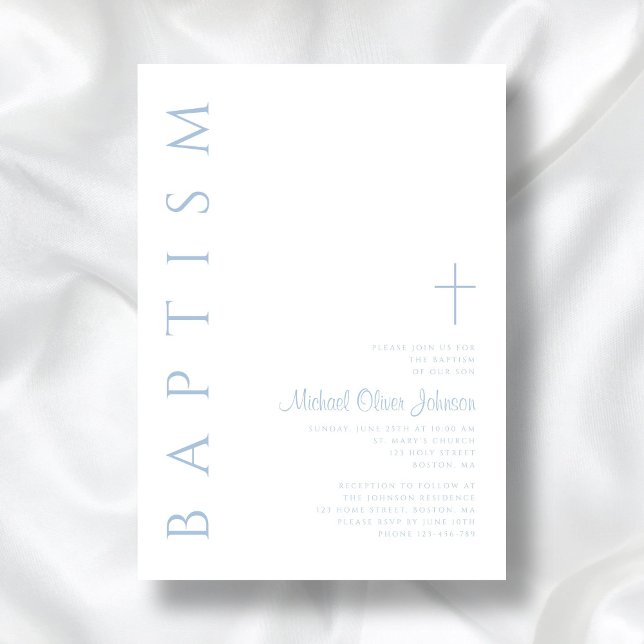 Invitación Elegante bautismo de travesía de guion azul modern (Elegant Modern Blue Script Cross Boy Baptism Invitation)