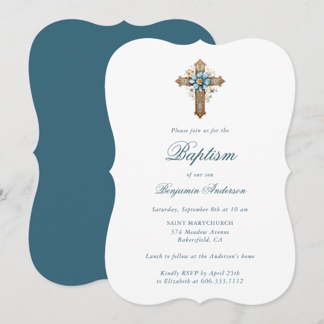 Invitación Elegante bautismo de travesía floral azul (Anverso / Reverso)