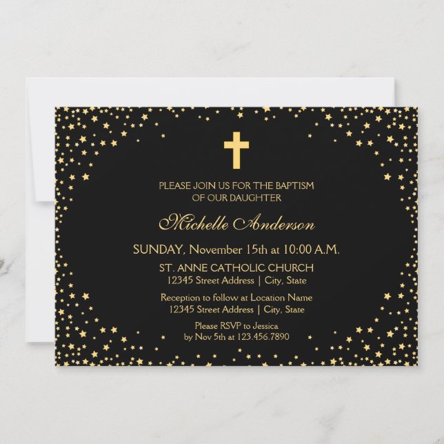 Invitación Elegante bautismo de travesía negra y dorada (Anverso)