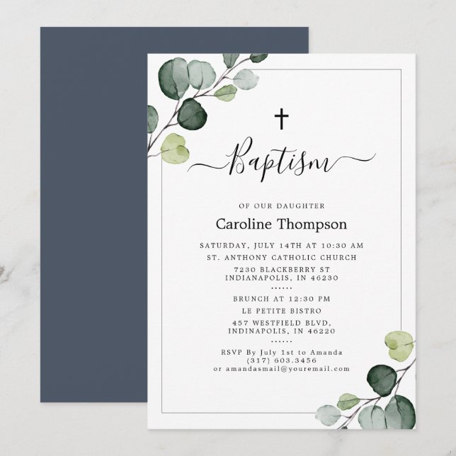 Invitación Elegante bautismo en la marina de eucalipto verde (Anverso / Reverso)
