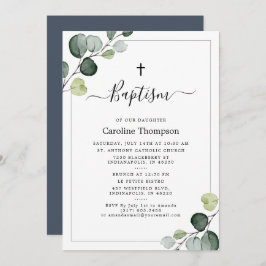 Invitación Elegante bautismo en la marina de eucalipto verde