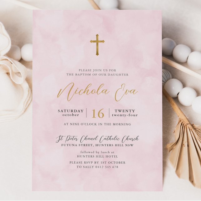 Invitación Elegante bautismo entre Chicas de la Cruz de Oro R (Pink Watercolour Baptism Invitation)