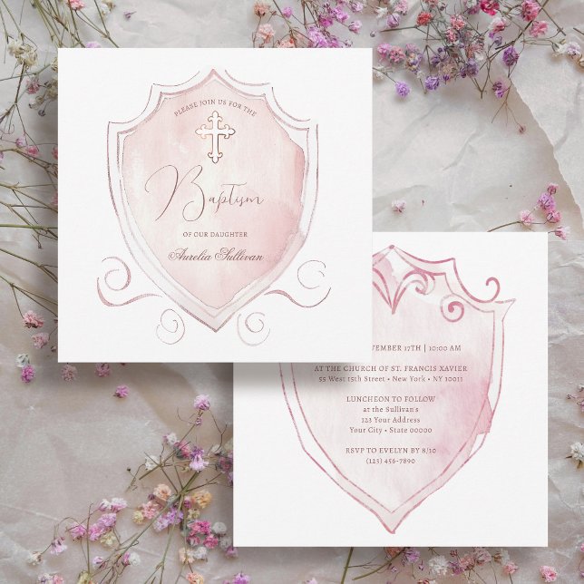 Invitación Elegante bautismo Escudo de acuarela rosa (Subido por el creador)
