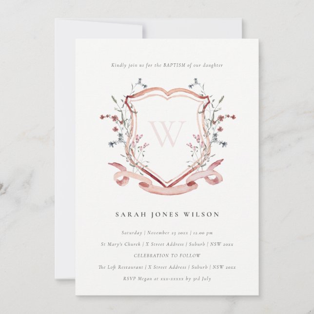Invitación Elegante bautismo Escudo de flor silvestre rosa (Anverso)