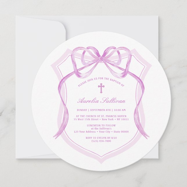 Invitación Elegante bautismo Escudo Lilac Bow (Anverso)