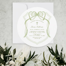 Invitación Elegante Bautismo Escudo Sage Green Bow