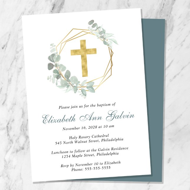 Invitación Elegante bautismo Eucalyptus Gold Cross Script (Subido por el creador)