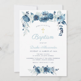 Invitación Elegante bautismo floral azul acuarela
