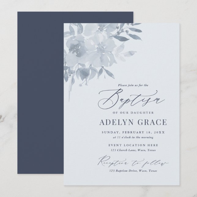 Invitación Elegante Bautismo Floral Azul Dusty (Anverso / Reverso)