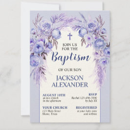 Invitación Elegante Bautismo Floral Azul Pastel Azul
