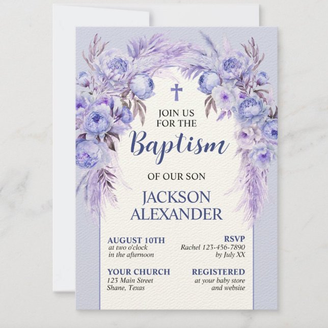 Invitación Elegante Bautismo Floral Azul Pastel Azul (Subido por el creador)