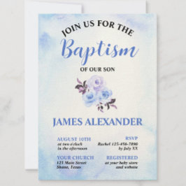 Invitación Elegante Bautismo Floral Azul Pastel Azul