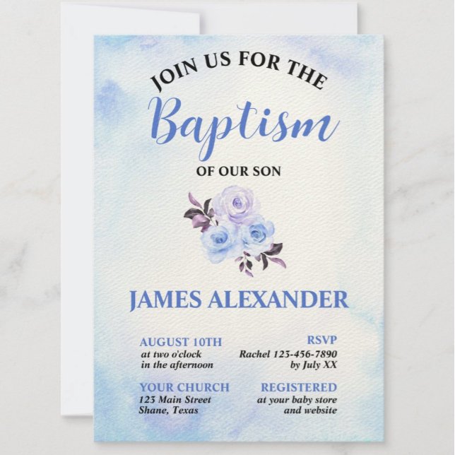Invitación Elegante Bautismo Floral Azul Pastel Azul (Subido por el creador)