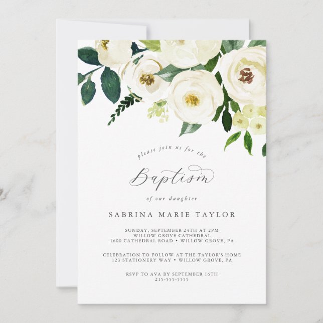 Invitación Elegante Bautismo Floral Blanco (Anverso)