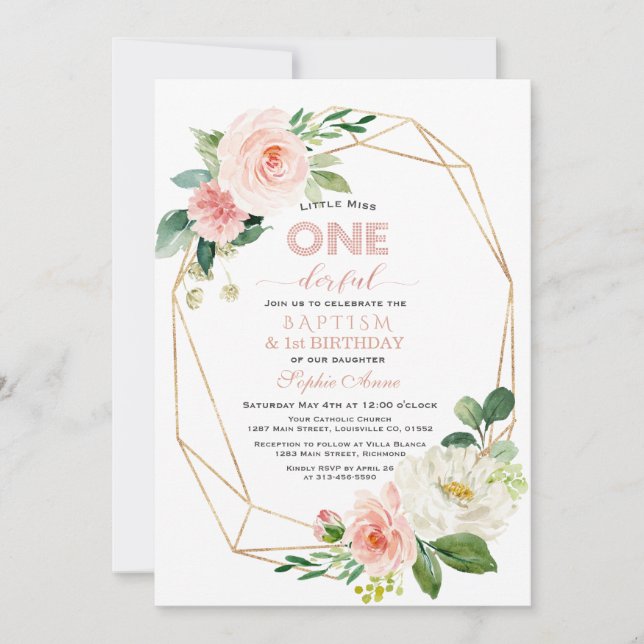 Invitación Elegante bautismo floral blanco rosado y primer cu (Anverso)