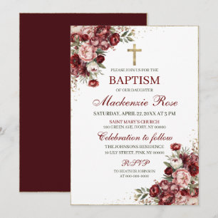 Invitación Elegante bautismo floral borgoñoso, rosado y dorad