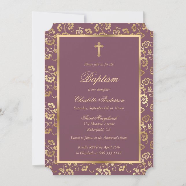 Invitación Elegante bautismo floral con cruz de oro (Anverso)