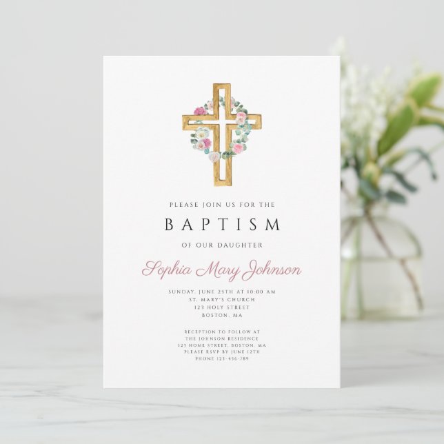 Invitación Elegante Bautismo Floral Cruzado Rosado Floral (Anverso de pie)