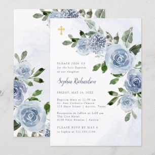 Invitación Elegante bautismo floral de color azul turquesa in