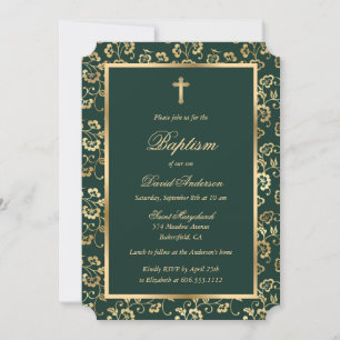 Invitación Elegante Bautismo Floral de Cruz de Oro Verde