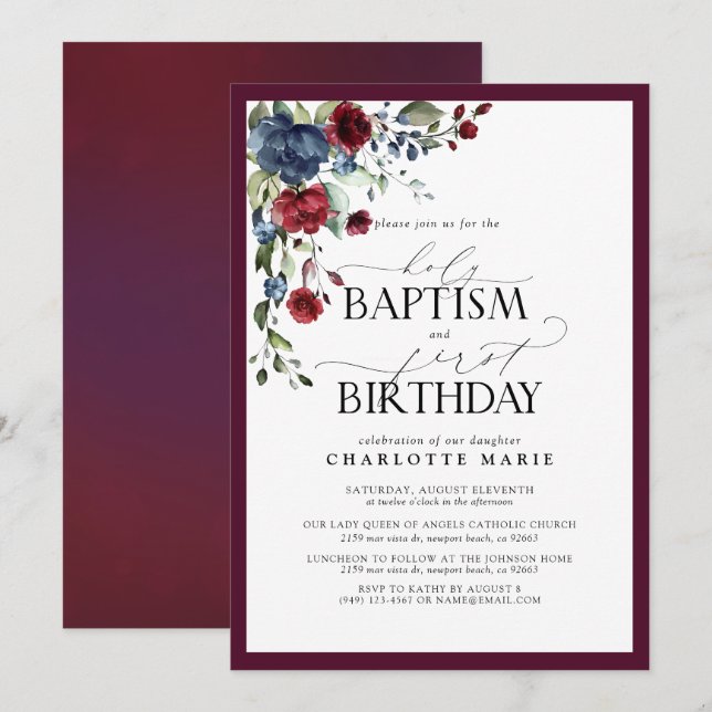 Invitación Elegante bautismo floral de la Marina Borgoña Prim (Anverso / Reverso)