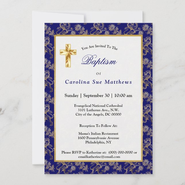 Invitación Elegante bautismo floral de León de Oro Azul (Anverso)