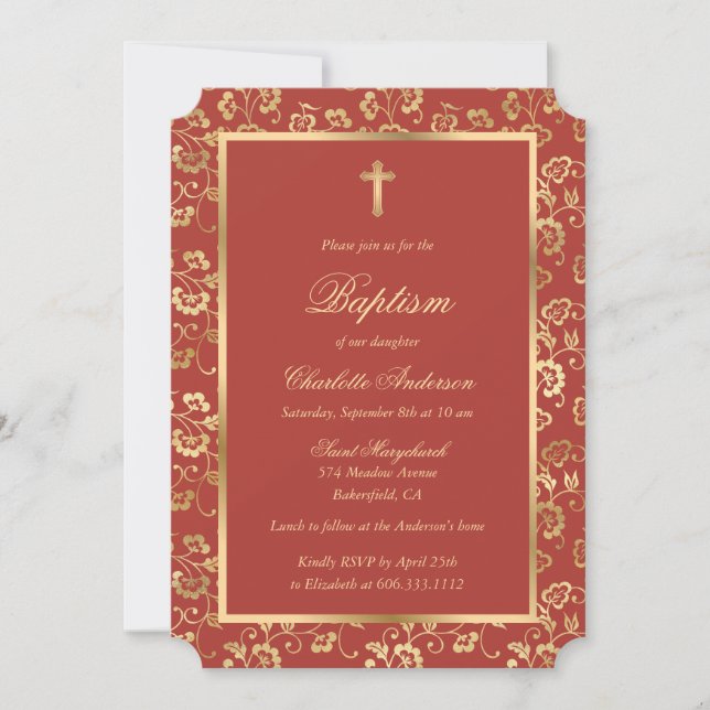 Invitación Elegante bautismo floral de oro rojo (Anverso)
