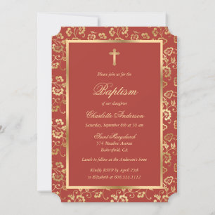 Invitación Elegante bautismo floral de oro rojo