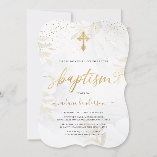 Invitación Elegante bautismo floral de oro y blanco (Anverso)