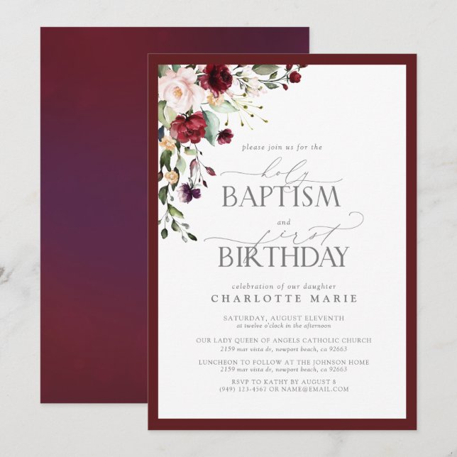 Invitación Elegante bautismo floral de Rubor en Borgoña Prime (Anverso / Reverso)