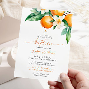 Invitación Elegante bautismo floral Naranja