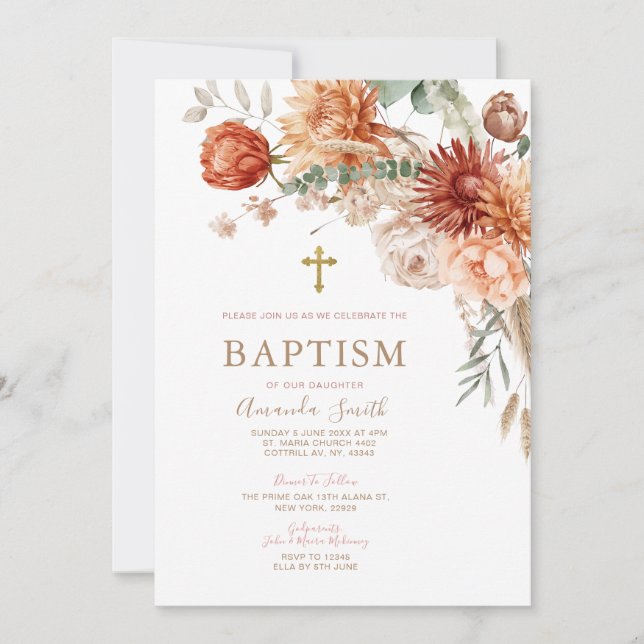 Invitación Elegante bautismo floral Naranja Boho Christening (Anverso)