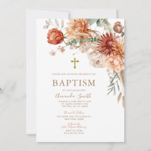 Invitación Elegante bautismo floral Naranja Boho Christening