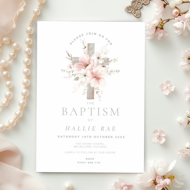Invitación Elegante bautismo floral para rosa Chica y editabl (Subido por el creador)