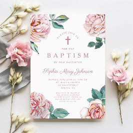 Invitación Elegante bautismo floral religioso cruzado Chica