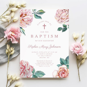 Invitación Elegante bautismo floral religioso cruzado Chica