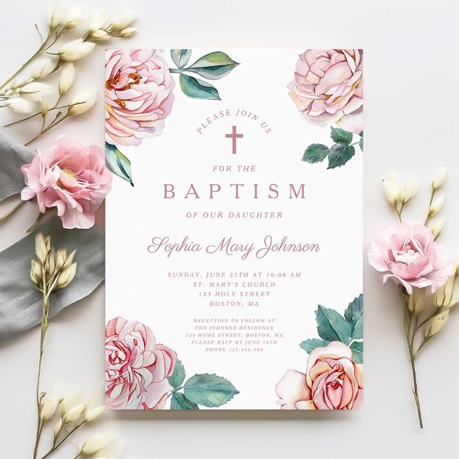 Invitación Elegante bautismo floral religioso cruzado Chica (Floral Peonies Religious Cross Girl Baptism Invitation)