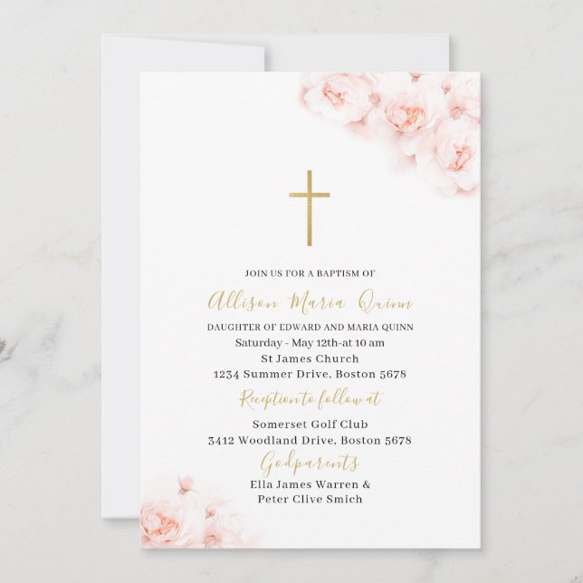 Invitación Elegante bautismo floral rosa acuarela moderna (Anverso)