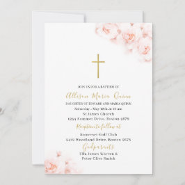 Invitación Elegante bautismo floral rosa acuarela moderna