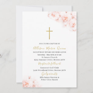 Invitación Elegante bautismo floral rosa acuarela moderna
