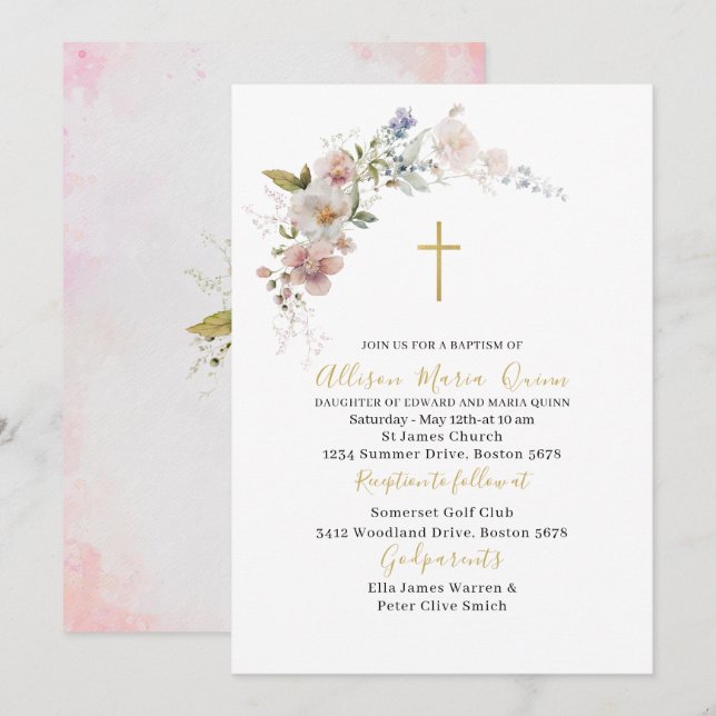 Invitación Elegante bautismo floral rosa acuarela moderna (Anverso / Reverso)
