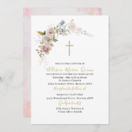 Invitación Elegante bautismo floral rosa acuarela moderna