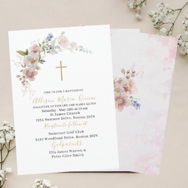 Invitación Elegante bautismo floral rosa acuarela moderna (Subido por el creador)