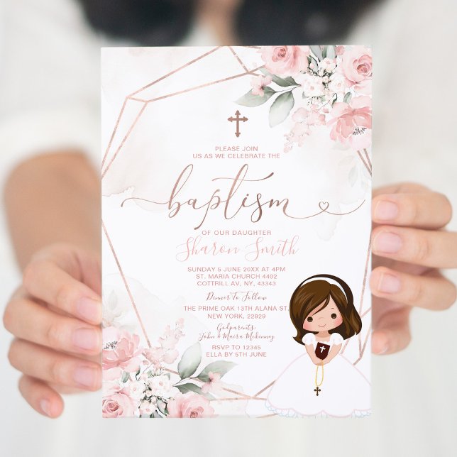 Invitación Elegante bautismo floral rosa dulce Chica Christen (Subido por el creador)