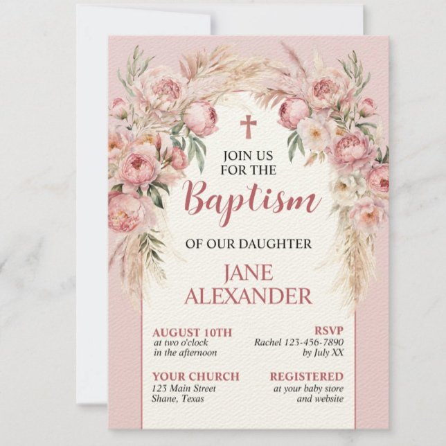 Invitación Elegante Bautismo Floral Rosa Pastel (Subido por el creador)