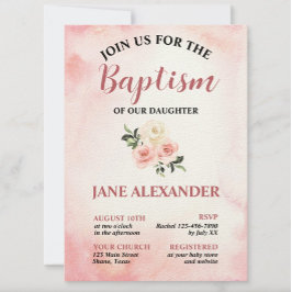 Invitación Elegante Bautismo Floral Rosa Pastel